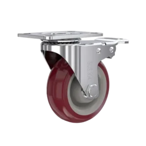 ROTAR LTDA. Rueda Poliuretano PU Polipropileno PP STRONG Placa Giratoria con Freno, Inoxidable 304. Diámetro 100 mm, Carga 120 Kg.