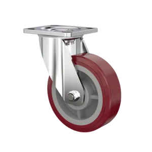 ROTAR LTDA. Rueda Poliuretano PU Polipropileno PP STRONG Placa Giratoria Inoxidable 304. Diámetro 150 mm, Carga 350 Kg.