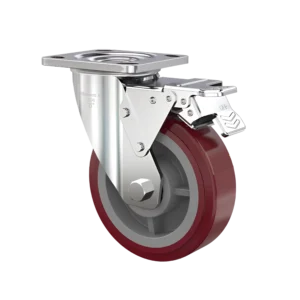 ROTAR LTDA. Rueda Poliuretano PU Polipropileno PP STRONG Placa Giratoria con Freno, Inoxidable 304. Diámetro 150 mm, Carga 350 Kg.