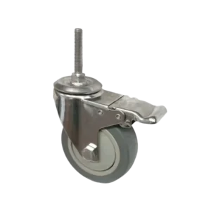 ROTAR LTDA. Rueda Goma TPR 100 mm Perno Pasante M10 Placa Giratoria Freno Acero Inox 304.