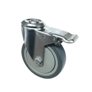 ROTAR LTDA. Rueda Goma TPR 125 mm Buje Pasante 12 mm Placa Giratoria Freno Acero Inox 304.