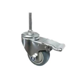 ROTAR LTDA. Rueda Goma TPR 75 mm Perno Pasante M10 Placa Giratoria Freno Acero Inox 304.